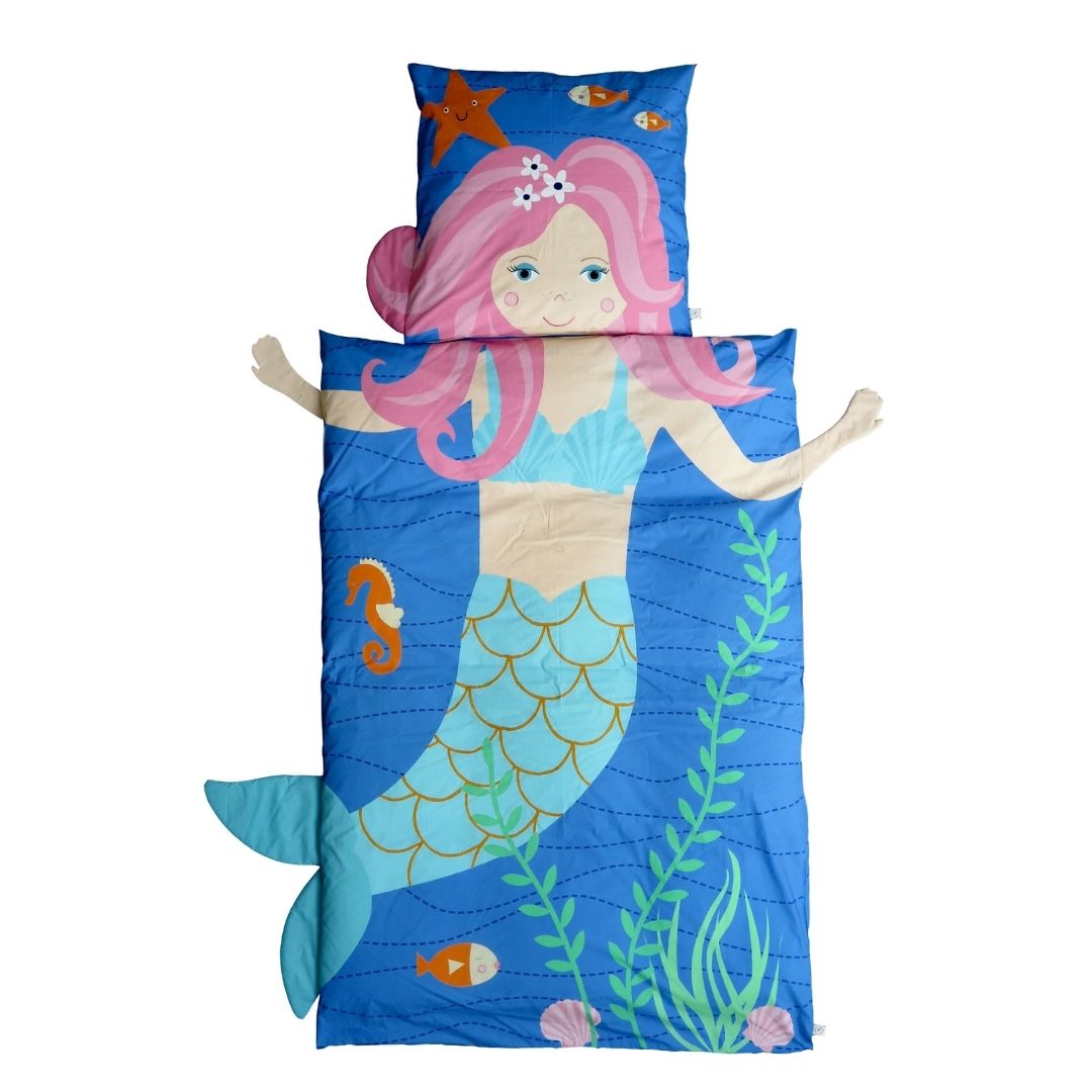 Türkise Bettwäsche Meerjungfrau aus Bio Baumwolle für Mädchen Weisser Hintergrund 135x200