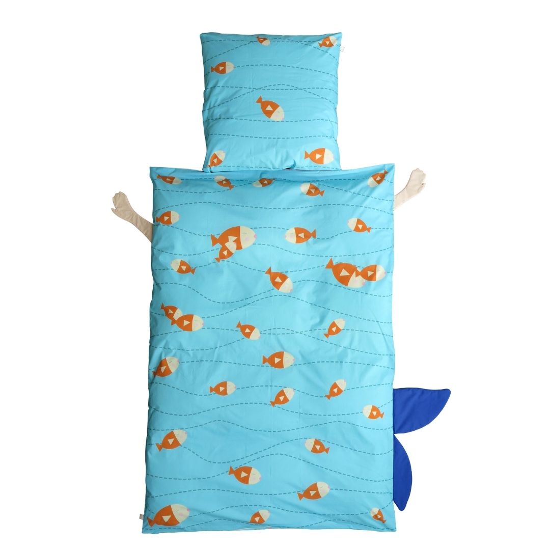 Bettwäsche Motiv Meerjungfrau aus Bio Baumwolle für Mädchen Blauer Hintergrund 135x200 Rückseite